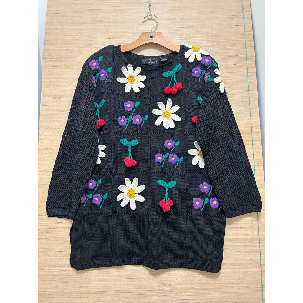 Carole Little Vintage Black Cotton 3D Floral‎ Cherry Crochet Knit Sweater Mens M